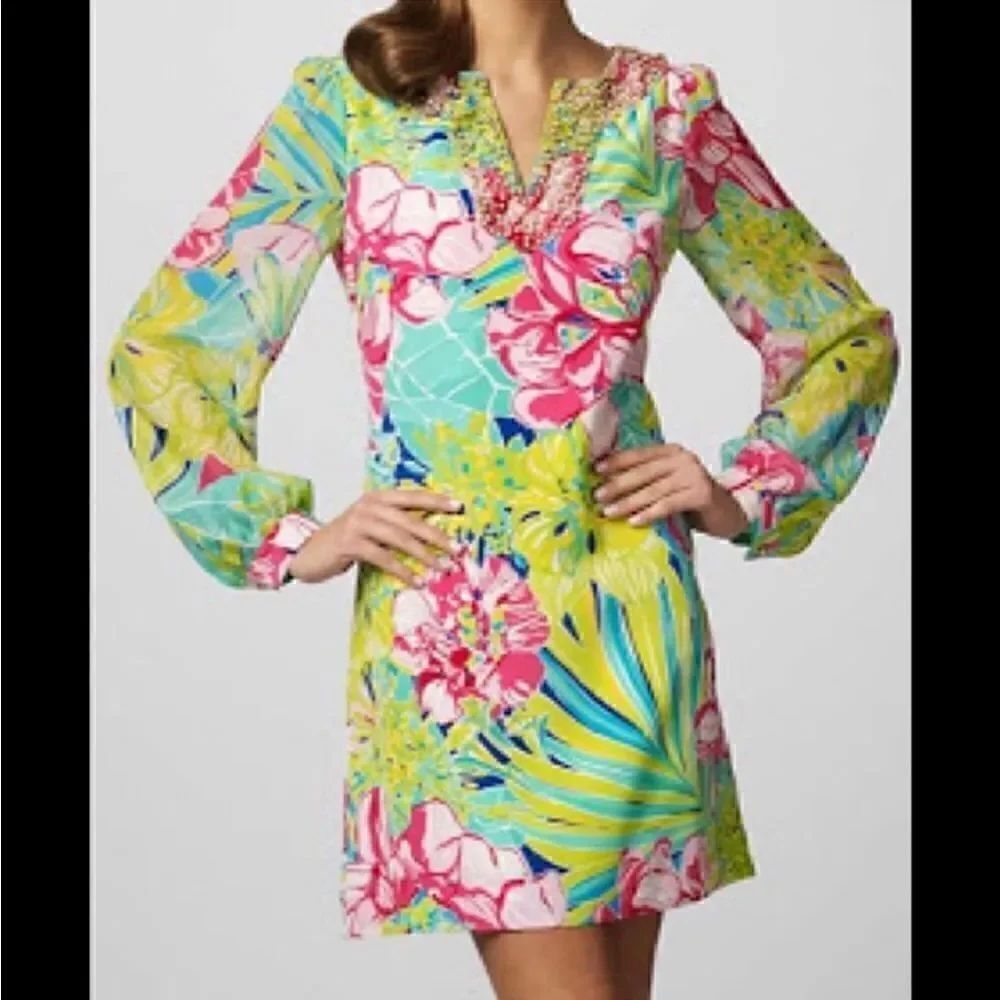 Lilly Pulitzer Silk Saemus Dress in Schooner Blue Land Escape Print Size 2